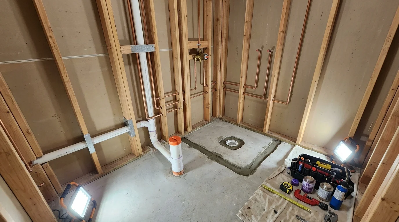 Bathroom rough-in plumbing during remodel by Johns Plumbing LLC in Mamou