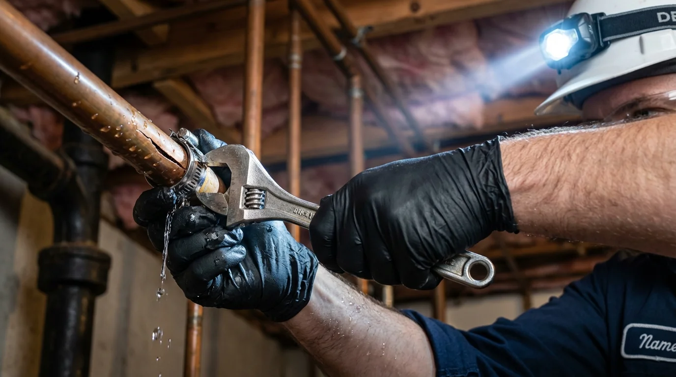 Emergency pipe clamp repair being performed by a Johns Plumbing LLC plumber in Mamou