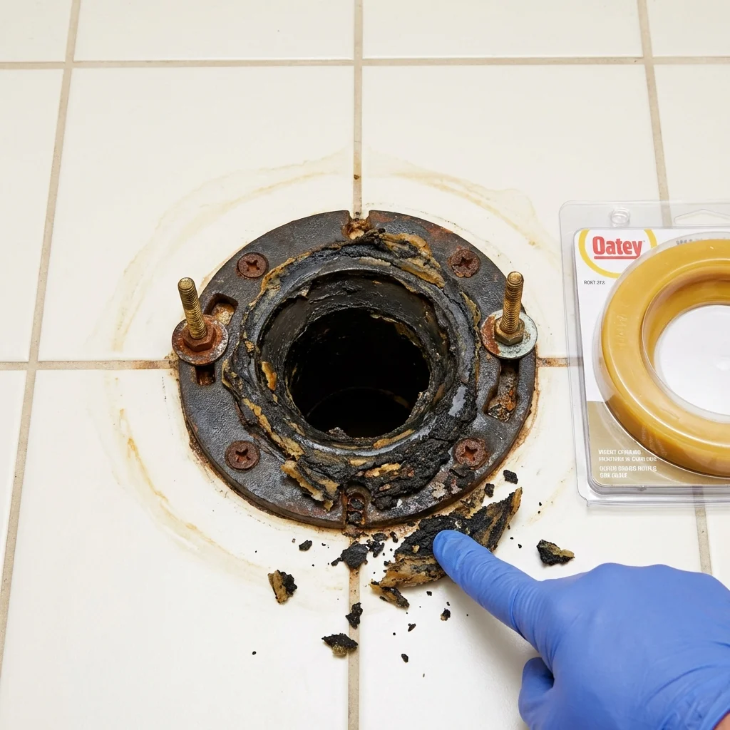 Failed wax ring showing water seepage at the base of a toilet in a Mamou, LA home